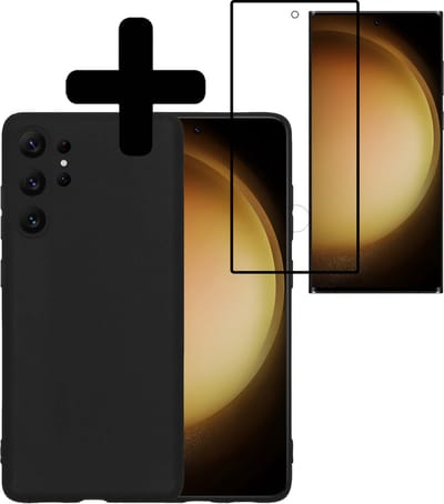 Hoesje - Met Screenprotector - Geschikt voor Samsung Galaxy S23 Ultra - Sterk & Shockproof - Back Cover - Siliconen Case - Telefoon Hoes - Telefoonhoesjes - Zwart