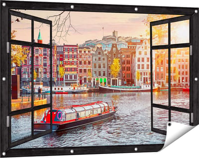 Gards Tuinposter Doorkijk Amsterdamse Huisjes vanaf de Grachten - 120x80 cm - Tuindoek - Tuindecoratie - Wanddecoratie buiten - Tuinschilderij