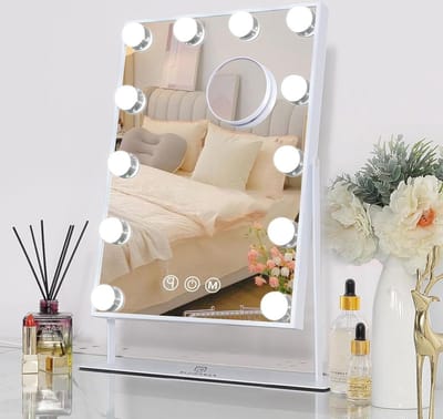 Hollywood Makeup Mirror With Lights - 12 Dimmable LED Bulbs - 360° Rotatable - 3 Light Colors - 10x Magnification - White - 30x41cm