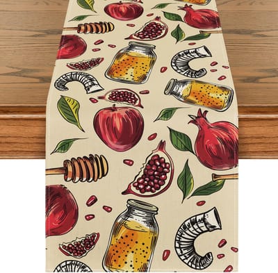 Rosh Hashanah Granaatappel Honing Linnen Tafel Runner Joodse Feestdecoratie Shana Tova Keuken Eettafel Runner voor Feestdecoratie 150x33cm black