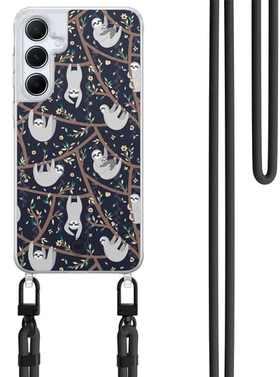 Hoesje met koord geschikt voor Samsung Galaxy A35 5G - Luiaard print - Inclusief Zwart koord - Crossbody beschermhoes - Transparant, Beige - Mooie Telefoonhoesjes