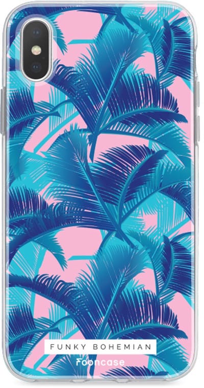Fooncase Hoesje Geschikt voor iPhone XS - Shockproof Case - Back Cover / Soft Case - Funky Bohemian / Blauw Roze Bladeren