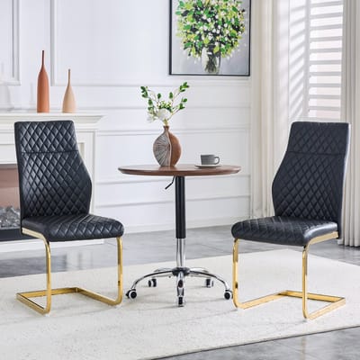 Wishdor - Set Van 2 Eetkamerstoelen - Hoge Rugleuning En Ruitstiksel - Modern Ontwerp Voor Eethoek - Metalen Frame Met Antislip Voeten - Kunstleer En Schuimvulling - Zwart En Goudkleurig - 100 Cm Hoog