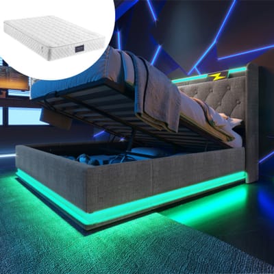 Gutent-Gestoffeerd bed 160x200 cm-tweepersoonsbed-360 graden surround LED-functie-drukknop/app/afstandsbediening-gestoffeerd hoofdbord-met matras