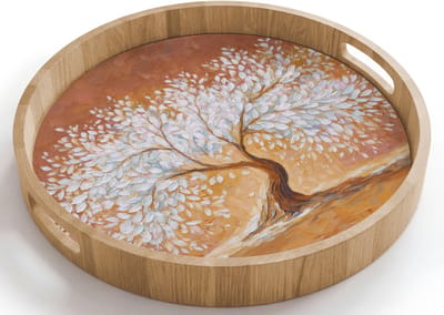 Dienblad rond 40x40 cm - Schootdienblad hout - Abstract - Boom - Wit - Bladeren - Borrelplank rechthoek - Plateau houten dienbladen
