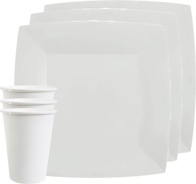 Santex feest/verjaardag servies set - 10x bordjes en bekertjes - wit - karton
