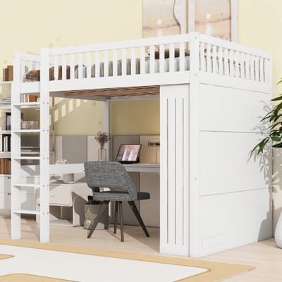 Wishdor – Hoogslaper 140x200 cm – Met Bureau, Kledingkast & 3 Lades – Inclusief Open Opbergruimte – Alles-in-één – Grenen & MDF – Wit