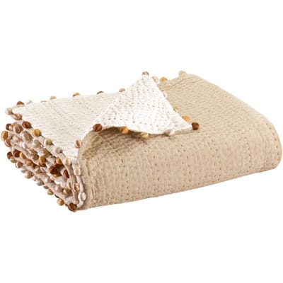 Effen Gastounet katoenen plaid met polyester pompons, kleur Siena, 140 x 200 cm