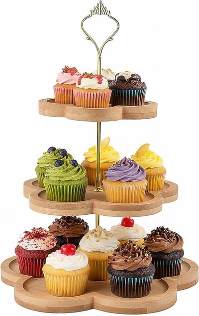 Etagere 3 niveaus - houten cake stand met metalen handvat - elegant design - perfect voor feesten - ShopVlot