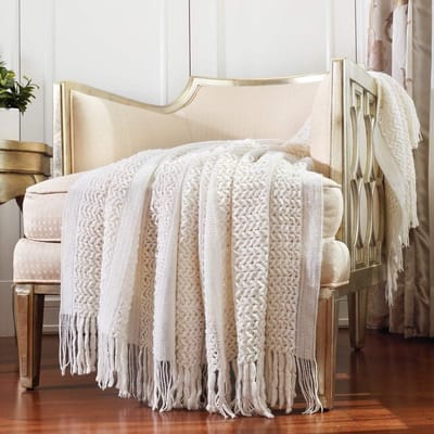 Zachte en Warme Gebreide Plaid voor Sofa, Stoel en Bed - Lichtgewicht en Textuur voor Elk Seizoen (50"x60" Crème/Wit)