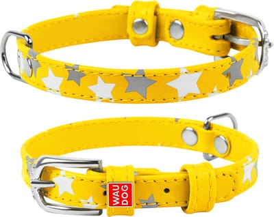 WAUDOG Glamour Star Halsband / Hondenhalsband - Echt Leder - Geel - Reflecterende sterren - XS - Breedte: 12 mm - Nekomtrek: 21 - 29 cm (GELIEVE ALVORENS BESTELLEN OPMETEN)