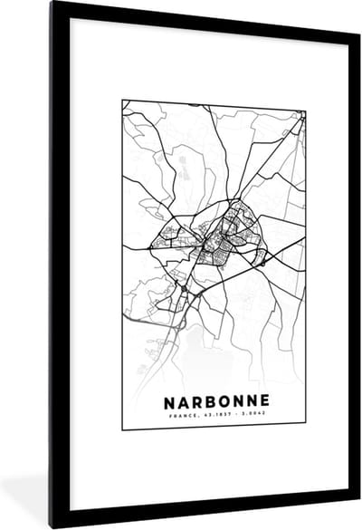 Fotolijst incl. Poster Zwart Wit- Plattegrond - Narbonne - Kaart - Frankrijk - Stadskaart - Zwart wit - 80x120 cm - Posterlijst