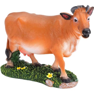 Koe Standbeeld Tuindecoratie Hars Waterdicht Koe Beeld Boerderijdier Figurine voor Buiten Gazon Terras Tuin Geel orange