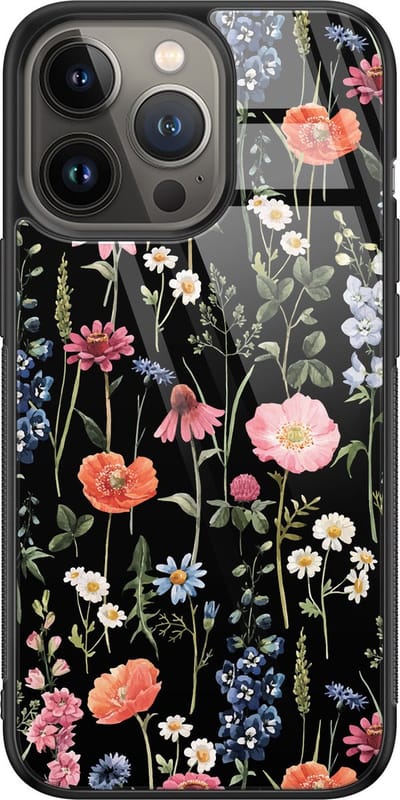 Hoesje geschikt voor iPhone 13 Pro - Dark flowers - Luxe Glazen Hardcase - Bloemen - Multi - Leuke Telefoonhoesjes