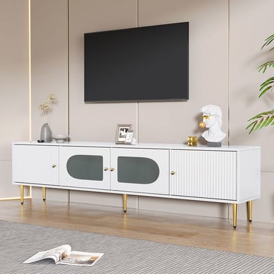 KOMHTOM TV Meubel TV-standaard 170x35x50 cm 2 deuren met verticale groeven 2 deuren met gebogen glas TV tafel wit