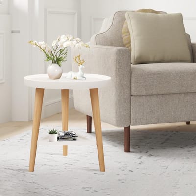 Bijzettafel Rond - Salontafel Nachtkastje - Opbergen Decoreren - Twee Niveaus Stabiliteit - 40 cm - Houtkleur Wit