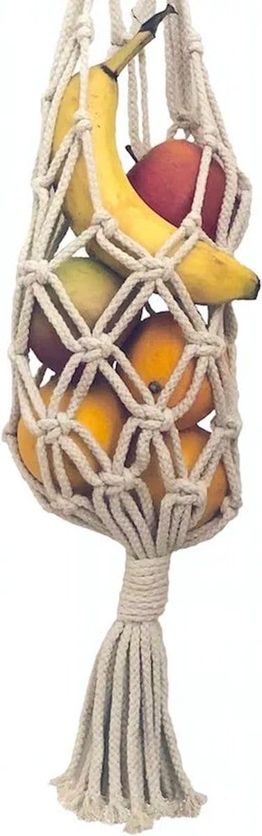 Luna-Leena duurzame macramé fruit / opberg hanger van katoen - gebroken wit - handgemaakt in Nepal - plantenhanger - fruitmand - L 65 cm - opbeger - keukendecoratie - moederdag