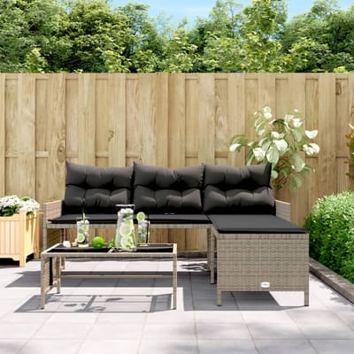 vidaXL - Tuinbank - met - tafel - en - kussens - L-vormig - poly - rattan - grijs