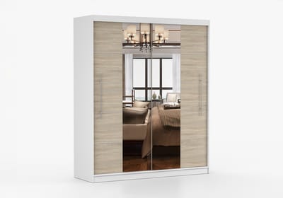 ​Kledingkast NICO III 203 cm - 2-deurs schuifdeurkast met spiegel en decoratieve lijsten - Garderobekast met ruime opbergruimte - Moderne kast voor slaapkamer en hal (Wit + Sonoma)