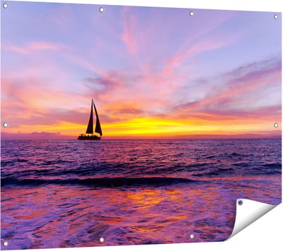 Gards Tuinposter Zeilboot Silhouet bij Zonsondergang - 120x90 cm - Tuindoek - Tuindecoratie - Wanddecoratie buiten - Tuinschilderij