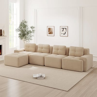 Wishdor - Modulaire Bank - Diepe Zitting En Antislip - Minimalistisch - Woonkamer - Ribstof - Beige