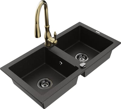 Mexen Mario granieten spoelbak 2-kamer met keukenmengkraan Savita, zwart/goud metallic - 6504-75-672601-50-B