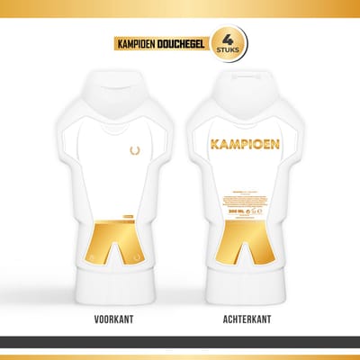 Douchegel "Kampioen" - 300 ml - 4 stuks - Triomf Cosmetica | Showergel Sport Voetbal Hockey Volleybal Korfbal Rugby IJshockey 1ste Plaats Prijs Winnaar Toernooi Cadeau Champions League Klein Cadeautje Landskampioen Tenue fles Shirt Zwart Goud