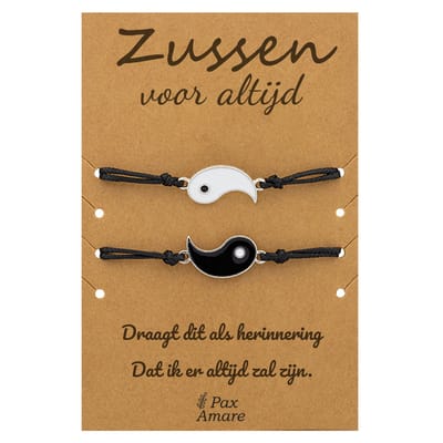 Vriendschapsarmbandjes voor 2 "Zussen voor altijd" - Yin Yang - Sisters Armbandjes met Cadeau Kaartje - Zilverkleurig - Elastisch Verstelbaar - Pax Amare