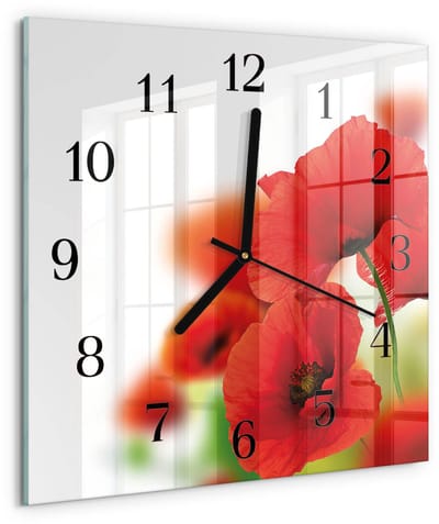 Tulup Wandklok - Klaprozen Moderne Glazen Wandklok - 30x30 cm - Rood Wandklok Glas Met Motief - Zwarte Handen - Vierkante Wandklok - Decoratieve Glazen Klok - Glazen Wandklok Design