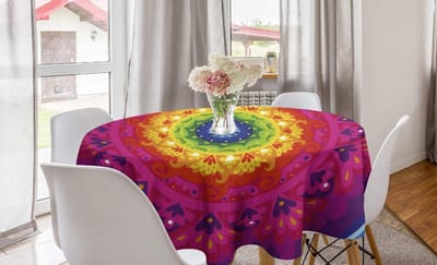 mandala rond tafelkleed - waterdicht - luxe regenboog-hippie cirkel tafelkleed - waterdicht - luxe afdekking voor eetkamer keuken decoratie 150 cm roze rood