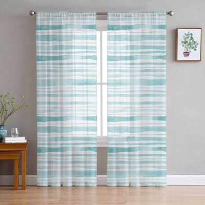 Aquarel Gestreept Blauwgroen Tule Raamgordijnen voor Slaapkamer Luxe Huisdecoratie Draperieën in Woonkamer Chiffon Panelen 135W x 114H(cm) white