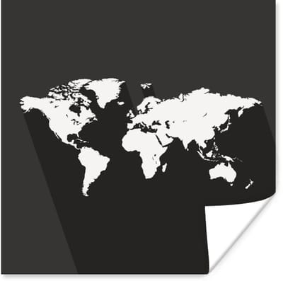 Poster 30x30 cm - Wereldkaart - Minimalisme - Zwart Wit - Posters - Kamer decoratie - Wanddecoratie woonkamer - Muurdecoratie slaapkamer