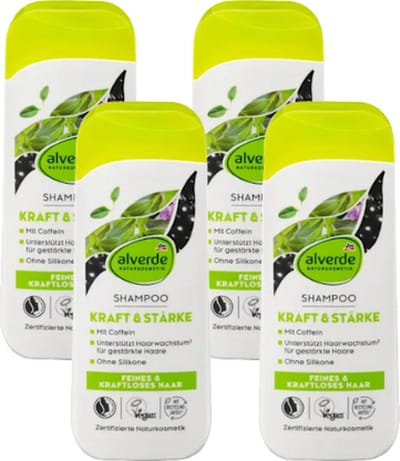 Alverde Naturkosmetik Shampoo Kracht & Sterk | MULTI-VERPAKKING 4x 200 ml - Coffeïne Shampoo - Ondersteunt natuurlijke haargroei - pH Neutraal & Siliconenvrij - Vegan Haarshampoo