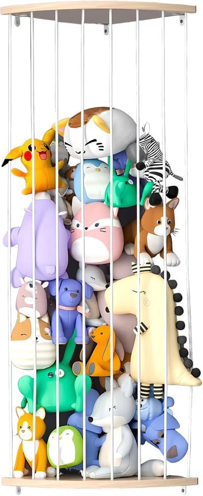 Houten Opbergrek Voor Knuffels, In Lengte Verstelbaar Hoekrek voor Pluche Dieren, Stoffen Speelgoed Organizer voor Kinderkamer, Speelkamer, Slaapkamer