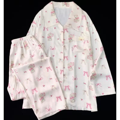 Roze Kleine Beer Print Kant Dames Pyjama Koreaanse Cartoon Schattige Strik 2-delige Nachtkleding Nieuwe Herfst Dames Nachtkleding XL