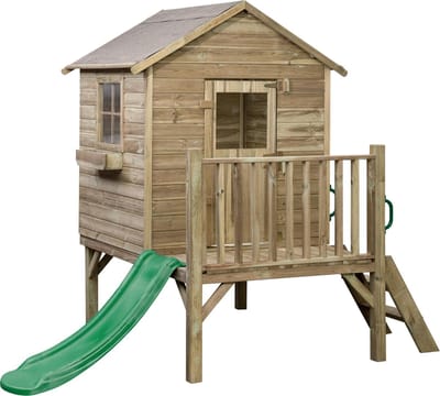Houten speelhuisje SwingKing Camilla met pastel groene glijbaan