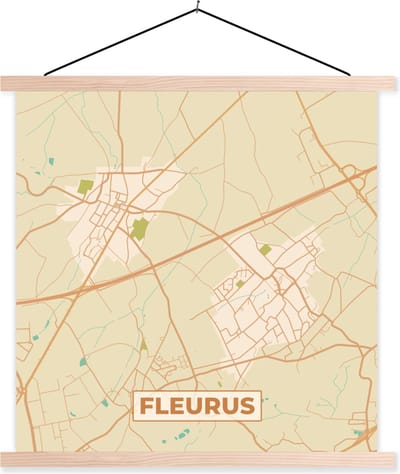 Posterhanger incl. Poster 40x40 cm - Schoolplaat - Fleurus - Vintage - Stadskaart - Plattegrond - Kaart - Textielposter - Blanke latten - Stadskaart