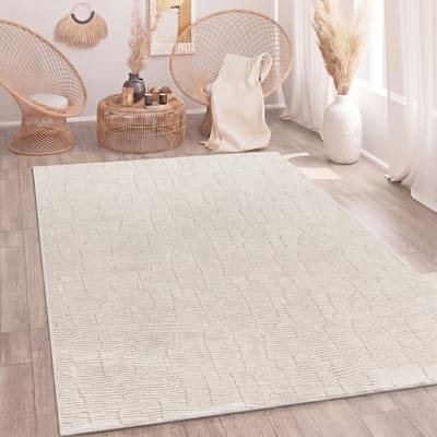 Paco Home Vloerkleed Woonkamer Hoogpolig Scandinavisch Boho-Stijl 3D Zacht Wasbaar Crème 80x150 cm
