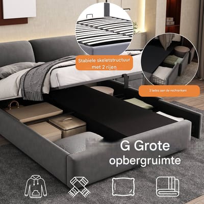 VVBV Gestoffeerd Bed met Opbergruimte 140x190 cm met Lattenbodem, Hydraulische Opbergruimte - Fluweel