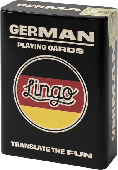 Lingo - Duits speelkaarten in blikken doos | playingcards | speelkaarten | taal leren spel set | leuk visueel flashcard deck om jong en oud- leer Duits de woordenschat en uitspraak vaardigheden te verhogen | 52 essentiële vertalingen | reizen spel