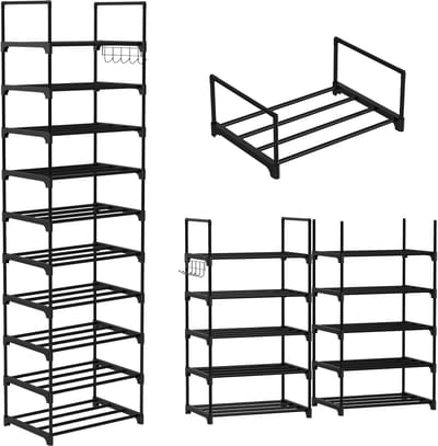 10-laags Schoenenrek Zwart - DIY Verstelbaar & Ruimtebesparend - Voor 20+ Paar Schoenen - Met Haakjes, Voor Gang, Slaapkamer