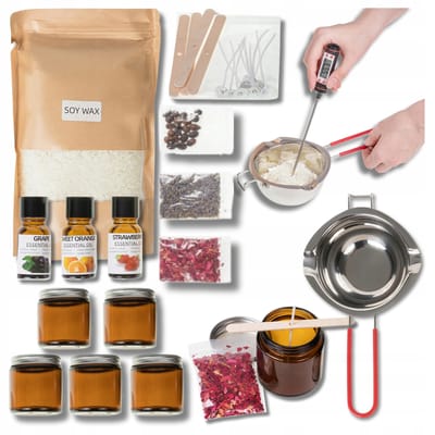 BK - Sojawaskaarsen Makersset - 5 Potjes - 600g Wask - 3 Geurolie - 10 Lonten