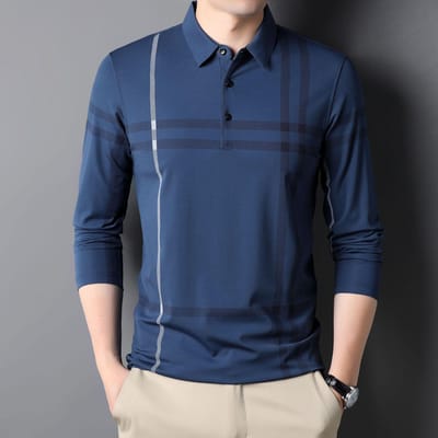 Los poloshirt voor heren Lente Nieuw Gestreept Bedrukt Revers Lange mouw Casual Mode Heren T-shirt 4XL blue
