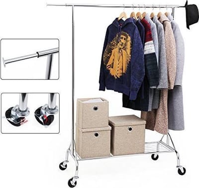 SONGMICS | Heavy Duty Verrijdbaar Kledingrek met Uitschuifbare Kledingstang van 110,5 -> 150,5 Cm. met Zwenkwielen | Stevig Staand Mobiel Verstelbaar Kleren Rek Garderoberek | Afm. 150,5 x 48,5 x 160 Cm. | Kleur: CHROME