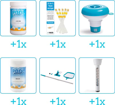 Zwembad Onderhoudspakket - Onderhoud Zwembad - bevat Chloor - Testrips - Chloordrijver - Chloor - Schoonmaakset en Thermometer (6-delig)