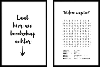 Poster Boodschap en Woordzoeker - WC Posters - Inclusief lijsten - 21x30 cm - A4 - Ingelijst - WALLLL