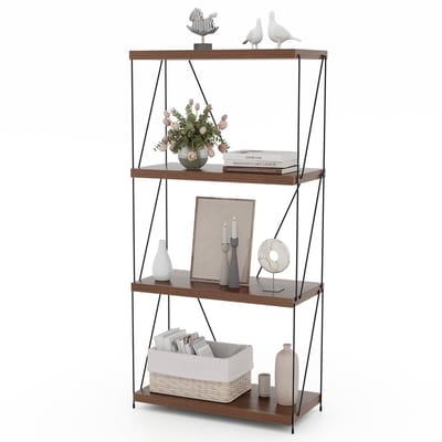 COSTWAY Staande kast, vrijstaand, boekenkast met metalen frame, industrieel opbergrek, walnoot opbergrek voor slaapkamer, woonkamer, thuiskantoor