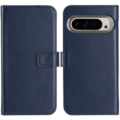 Selencia Hoesje - Geschikt voor Google Pixel 9 / 9 Pro - Echt Lederen Bookcase - Blauw
