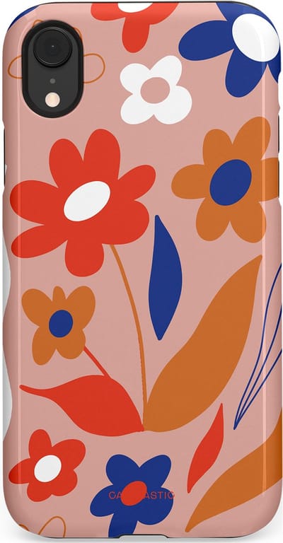 Casetastic hoesje geschikt voor Apple iPhone XR - Dubbellaagse bescherming - Vormen in bloei - Fashion Case - Perzik Rood Donkerblauw