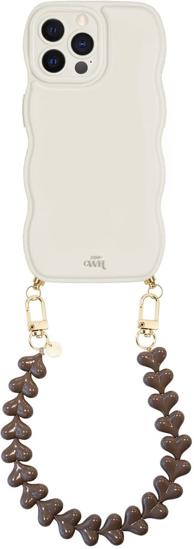 xoxo Wildhearts Glossy Wavy Cord Case Beige - Funky Hearts (Dark Brown) - geschikt voor iPhone 12 Pro - hoesje met koord - telefoonkoord met hartjes - golvend hoesje - silicone case - schokbestendig - beige / bruin